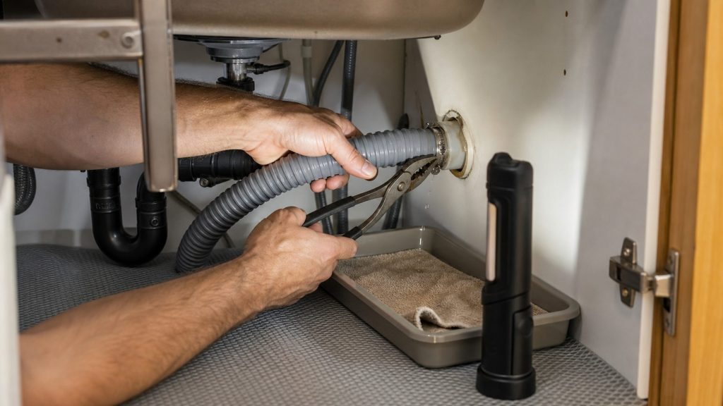 Two hands holding a dishwasher drain hose at the waste connection under a kitchen sink with a tray and a torch beside them