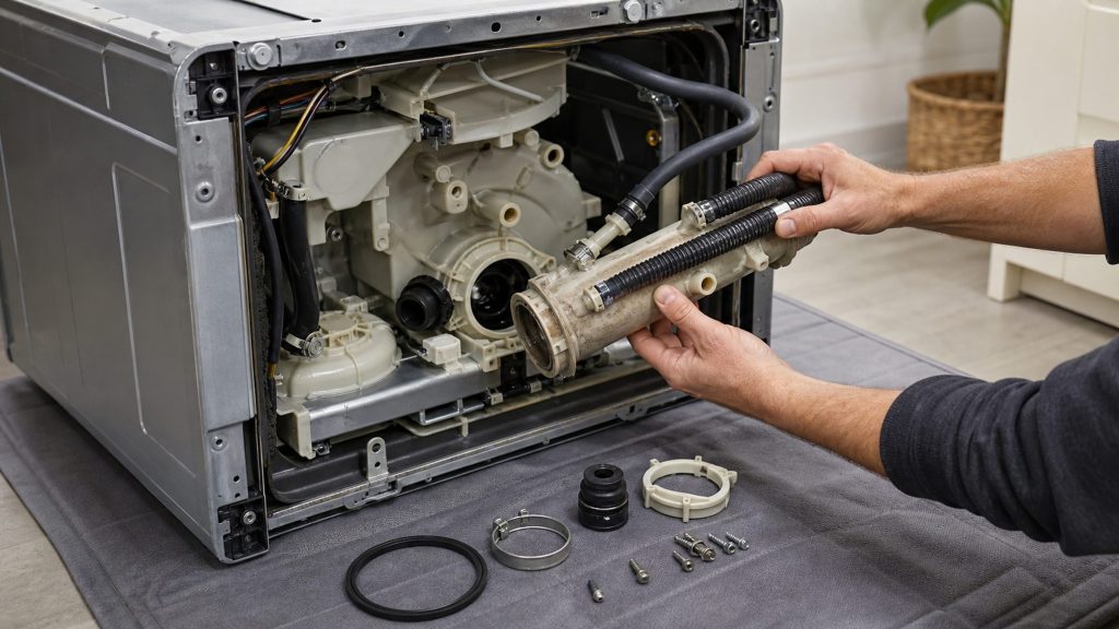 The rear of a dismantled dishwasher with its circulation pump and heater block exposed and hands working on the hose connection