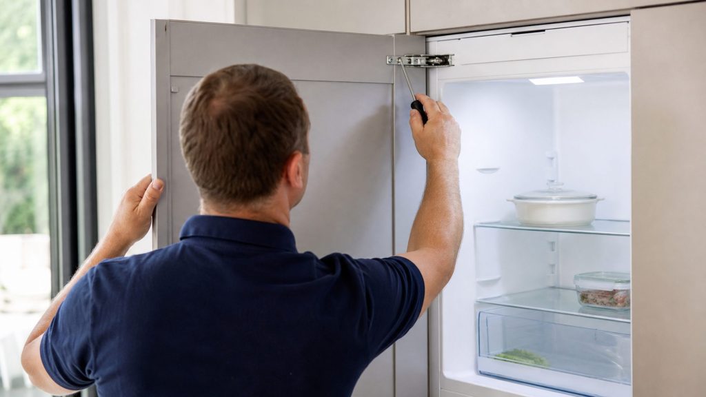 A technician adjusting the top hinge of a refrigerator door while holding the door steady with his other hand