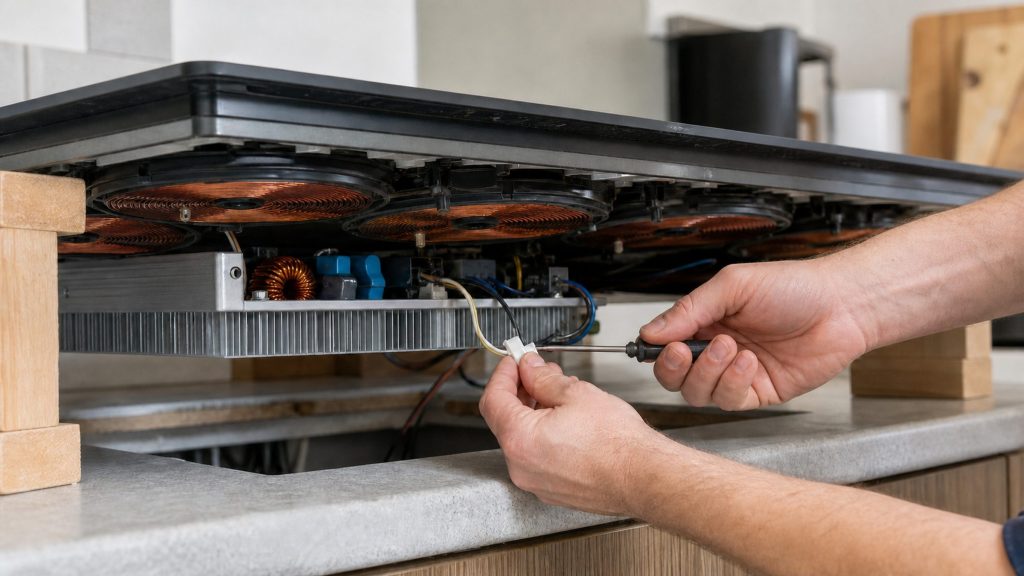 An induction cooktop lifted out of the counter with its coils and power board exposed and a hand holding a probe against the wiring