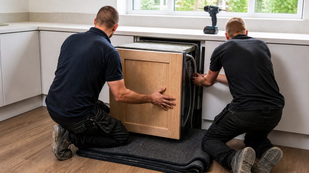 Two technicians kneeling to fit a wooden cabinet panel onto the front of a built-in appliance