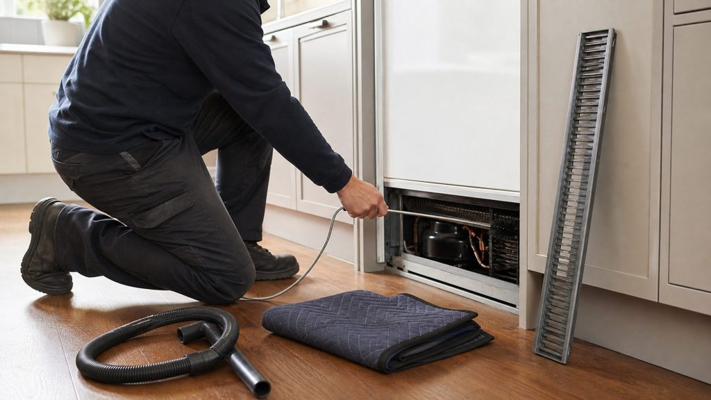 A technician kneeling to vacuum the condenser behind the removed kickplate of a built-in refrigerator, with a cloth and the grille laid out on the floor