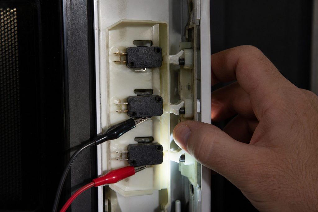 Meter probes held against the door interlock switches inside the frame of a microwave