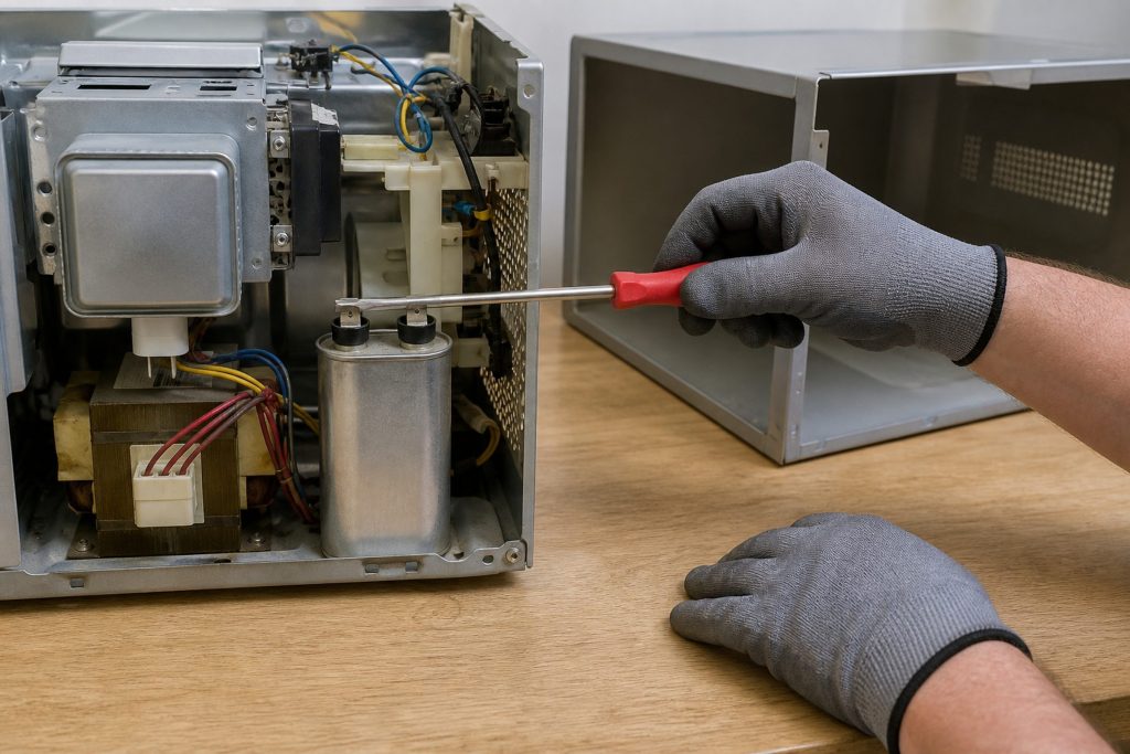 The inside of a microwave section with its magnetron and high-voltage capacitor exposed and a gloved hand with a screwdriver