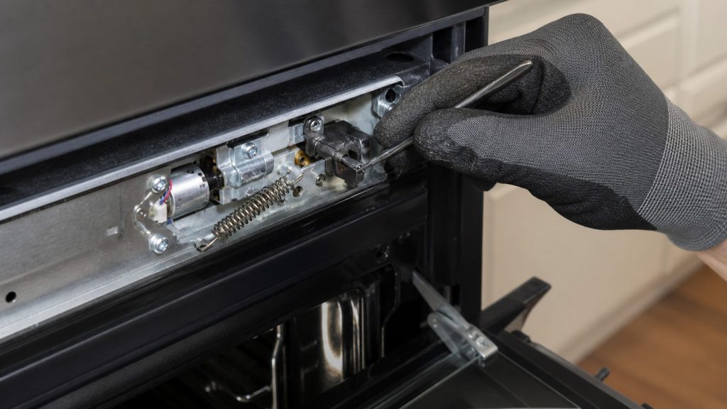 A gloved hand working on the door latch mechanism exposed along the top edge of an oven frame