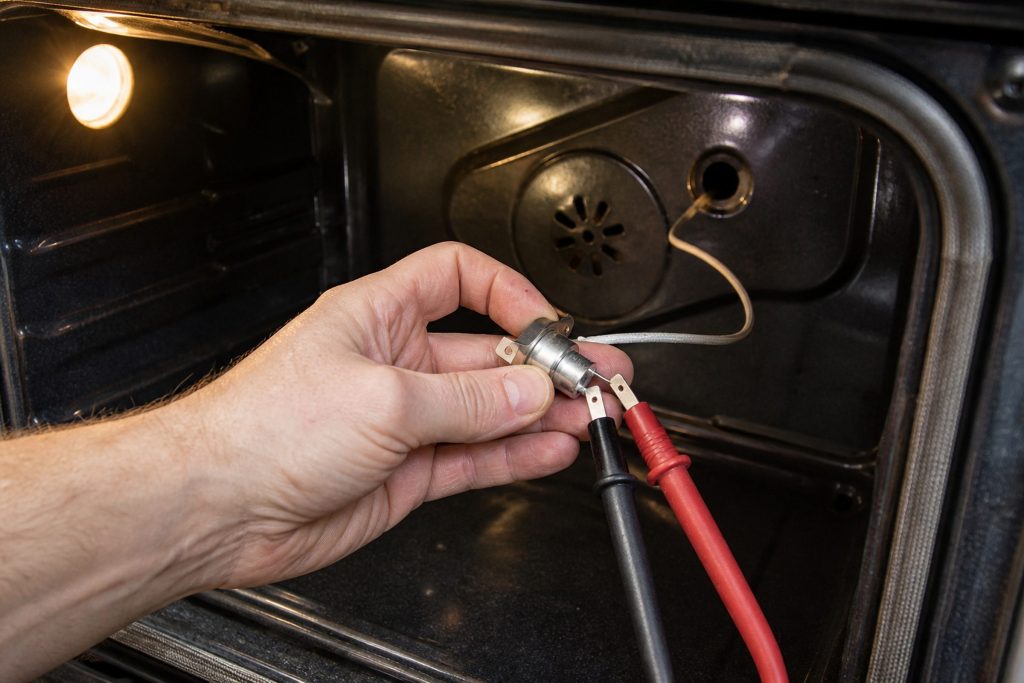 A hand holding a meter probe against the temperature sensor on the rear wall inside an oven cavity