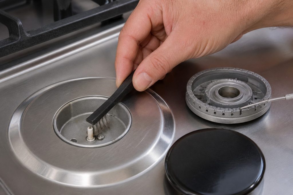 A hand brushing debris from the open base of a gas burner with the cap and crown lifted off beside it