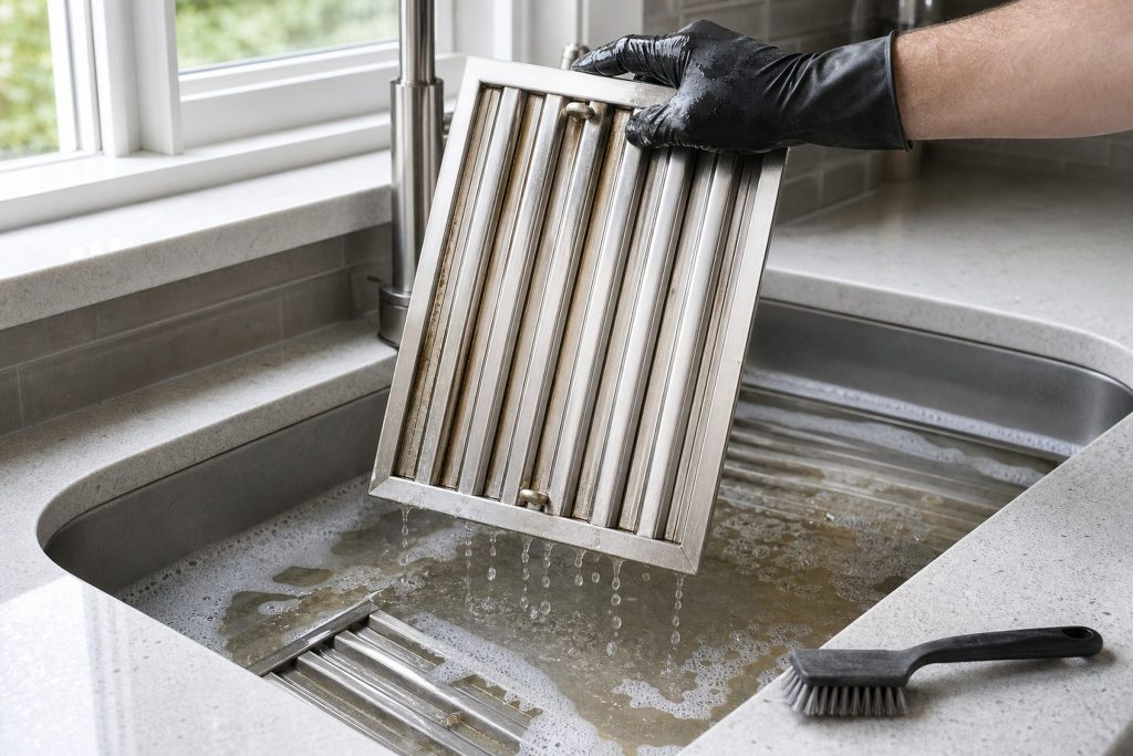 A stainless baffle filter from a range hood soaking in a sink of hot water with a brush beside it