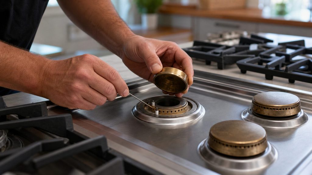Two hands setting a cleaned brass burner cap back onto its crown on a stainless rangetop with three more brass burners beside it