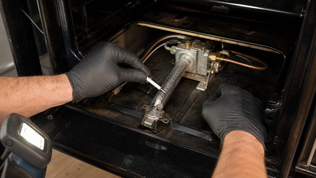 Two gloved hands working at the bottom of a gas oven cavity with the floor panel removed, holding a replacement ceramic igniter above the burner tube