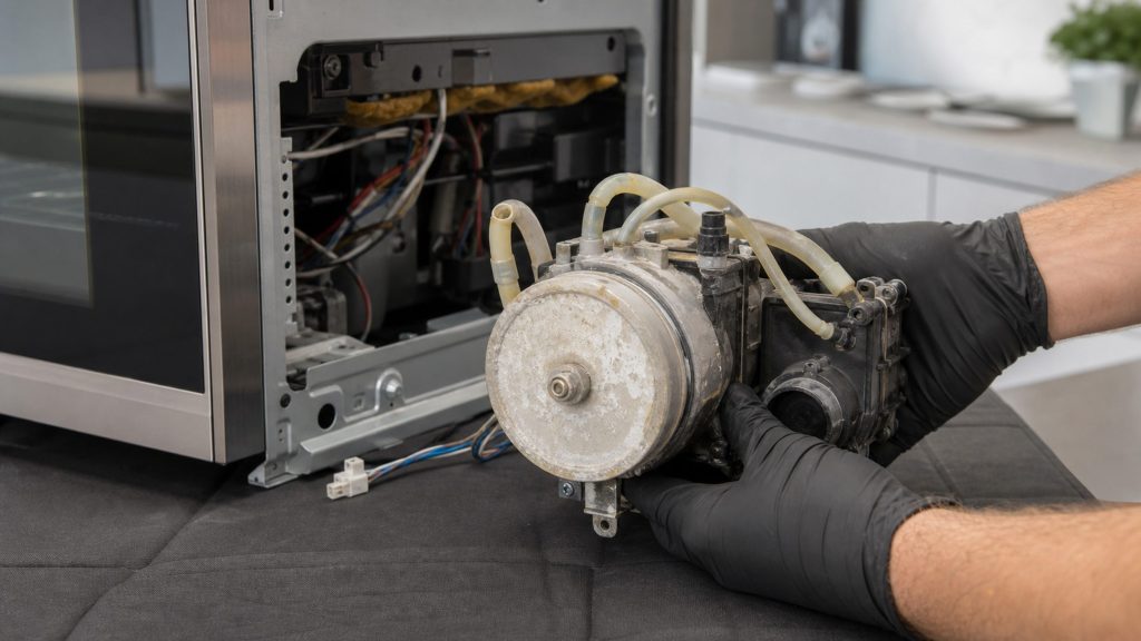 A pump and boiler assembly with its hoses lifted clear of a dismantled steam oven on a work surface