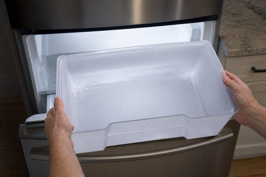 Two hands lifting a completely empty ice bin out of an open freezer drawer