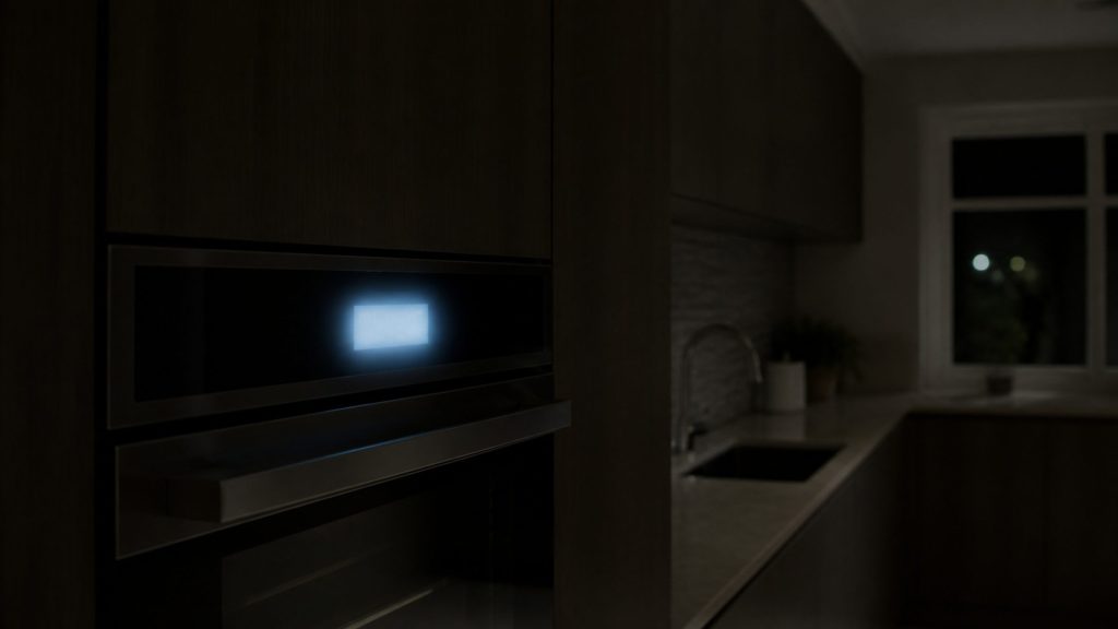A built-in oven in a dark kitchen showing nothing but a small pale patch of light on its display