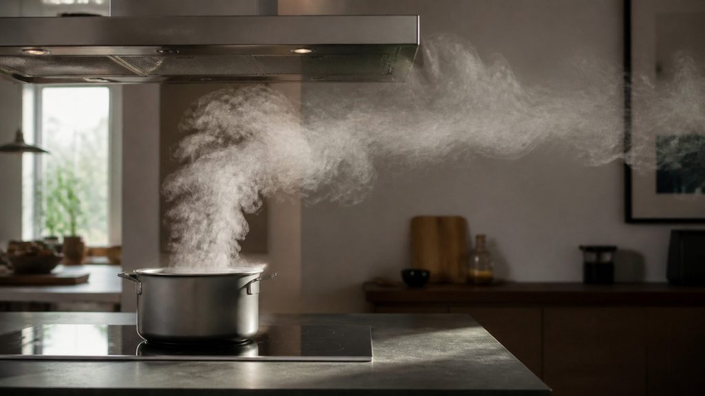 Steam rising in a plume from a pan on the hob and drifting sideways past the hood above it