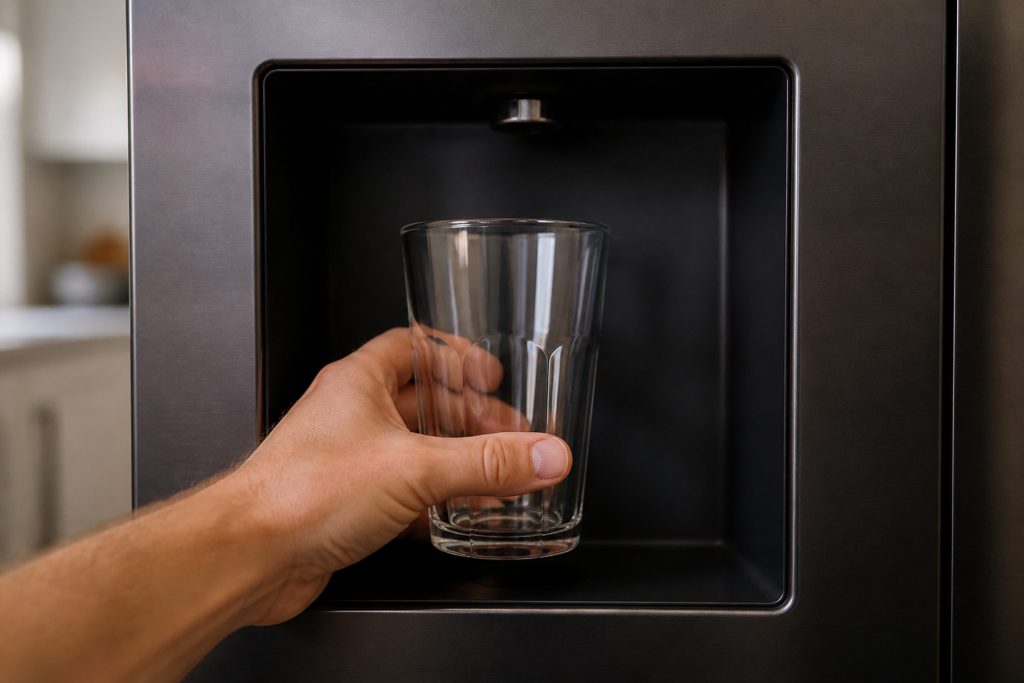 A hand holding an empty glass under the water dispenser recess in a refrigerator door