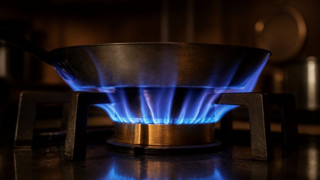 A close low view of a single brass gas burner running at a high flame under a small pan, the flames too tall for the setting and licking up the pan sides.